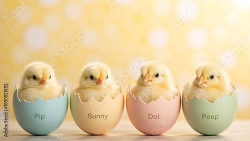 Four cute Easter chicks sitting in colorful hatched eggshells with names. Row of baby chickens in pastel eggs on yellow bokeh background. Happy Easter holiday concept