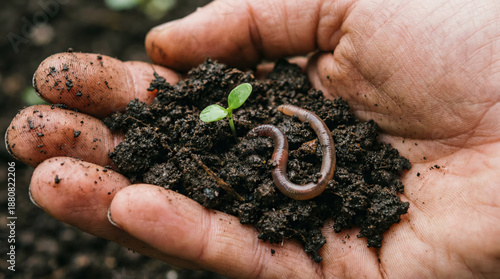 High angle close-up of a dirty hand holding fertile black soil containing an earthworm and a small seedling. Concept for organic farming, soil health, and sustainable agriculture.