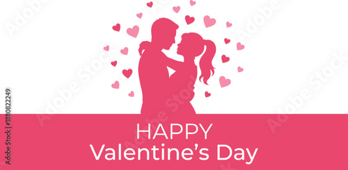 Happy Valentine’s Day illustration, romantic couple silhouette embracing, floating hearts background, love relationship concept, modern greeting card design, minimal flat vector style