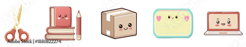 Collection of Stationery Icons: A set of charming and cheerful cartoon icons featuring a pair of scissors, a stack of books, a pencil, a cardboard box, a notepad, and a laptop.
