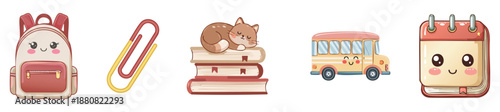 Whimsical School Collection: A delightful illustration of back-to-school essentials, including a charming backpack, a sleek paperclip, a sleeping fox atop a stack of books, a cheerful school bus.