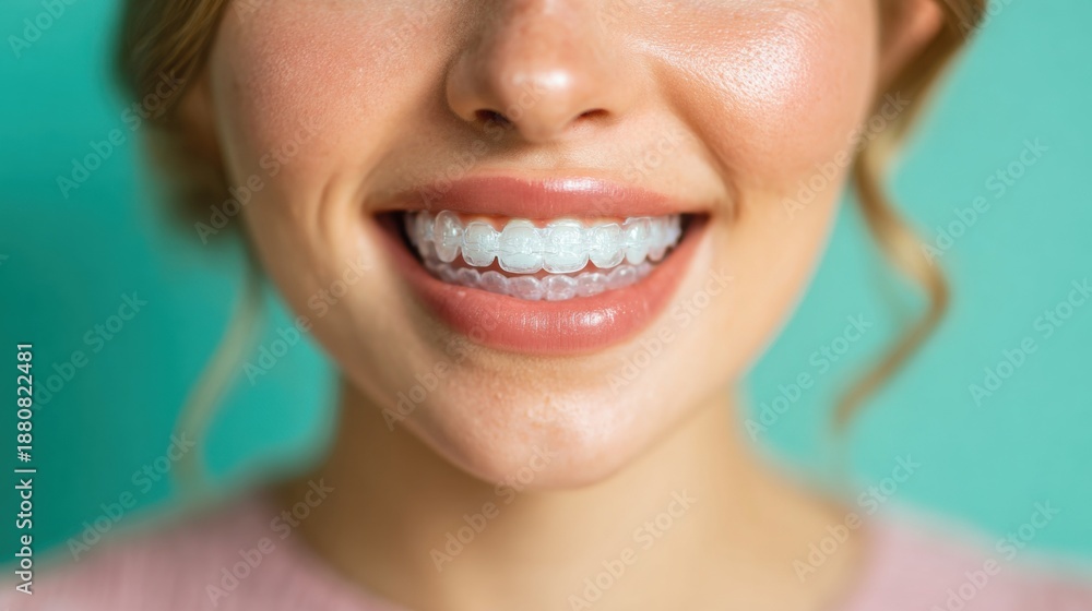 Fototapeta premium Woman smiles with clear braces in front of a light blue background