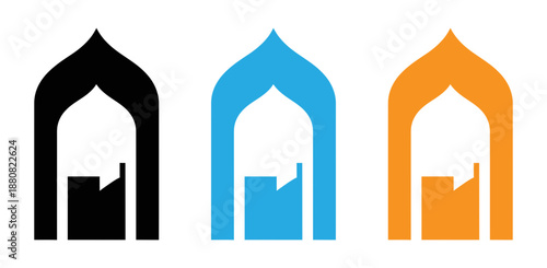Three archway icons in black blue and orange