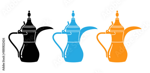 Traditional arabic coffee pots in black blue and orange