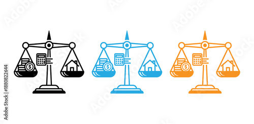 Scales balancing money and house icons in black blue and orange