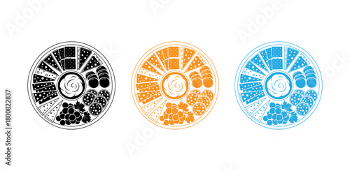 Cheese platter illustrations in three colors