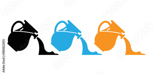 Three colored jugs pouring water