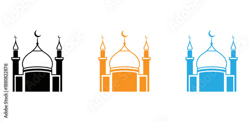 Mosque architecture icons in black orange and blue
