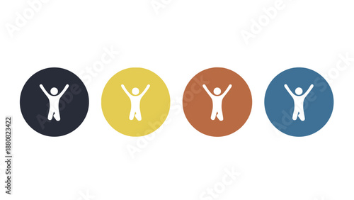 happy person icon set with arms raised symbolizing success and achievement useful for positive branding well-being and marketing campaigns.