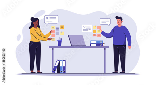 business teamwork collaboration illustration showing professionals brainstorming ideas with sticky notes on a wall during an agile project management meeting