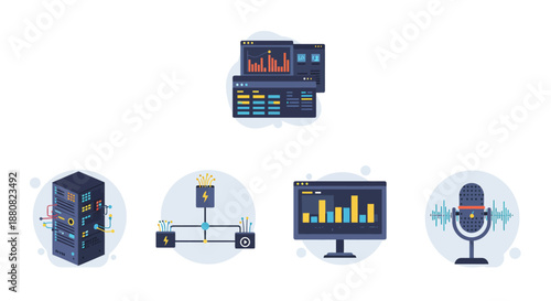 data analytics platform illustration showing visual dashboards server infrastructure network diagram and microphone for business intelligence applications