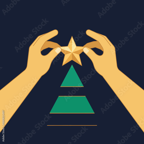 decorating christmas tree with a star topper by human hands representing holiday spirit festive season celebration and achievement goals.