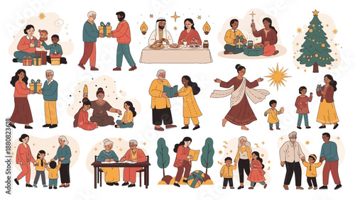 Diverse collection of illustrations depicting people celebrating various cultural and religious holidays and traditions, including gift-giving, family meals, and community gatherings.