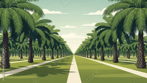 A long, straight road lined with countless green palm trees on both sides, creating a symmetrical perspective under a clear sky.