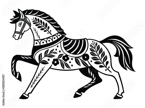 Ornate Black and White Folk Art Horse Vector Illustration