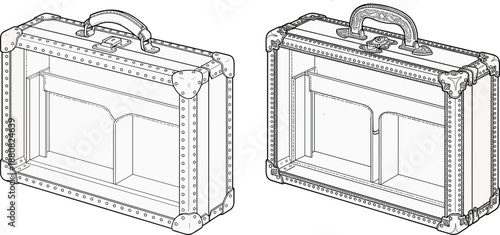 Vintage suitcase design, open compartments, riveted edges, ornate handle, travel gear blueprint, technical sketch, flat vector illustration