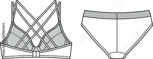 Women's sports bra, briefs design, fashion sketch, lingerie construction, garment blueprint, technical illustration, apparel vector, flat vector illustration