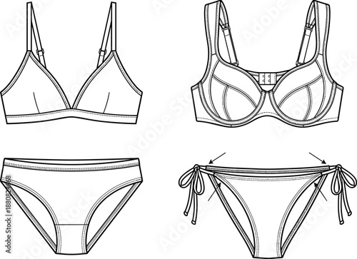 Women's bikini design, fashion sketch, swimwear construction, technical drawing, garment details, lingerie vector, apparel blueprint, flat vector illustration