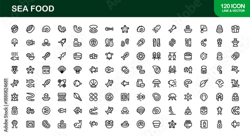 Sea Food Line Icon Set – Professional Minimal Vector Icons for Seafood Lovers, Restaurants, and Culinary Branding