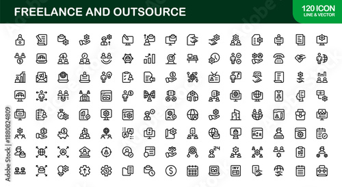 Freelance Outsource Line Icon Set – Modern Professional Vector Icons for Business, Remote Work, and Digital Services in Minimal Outline Style