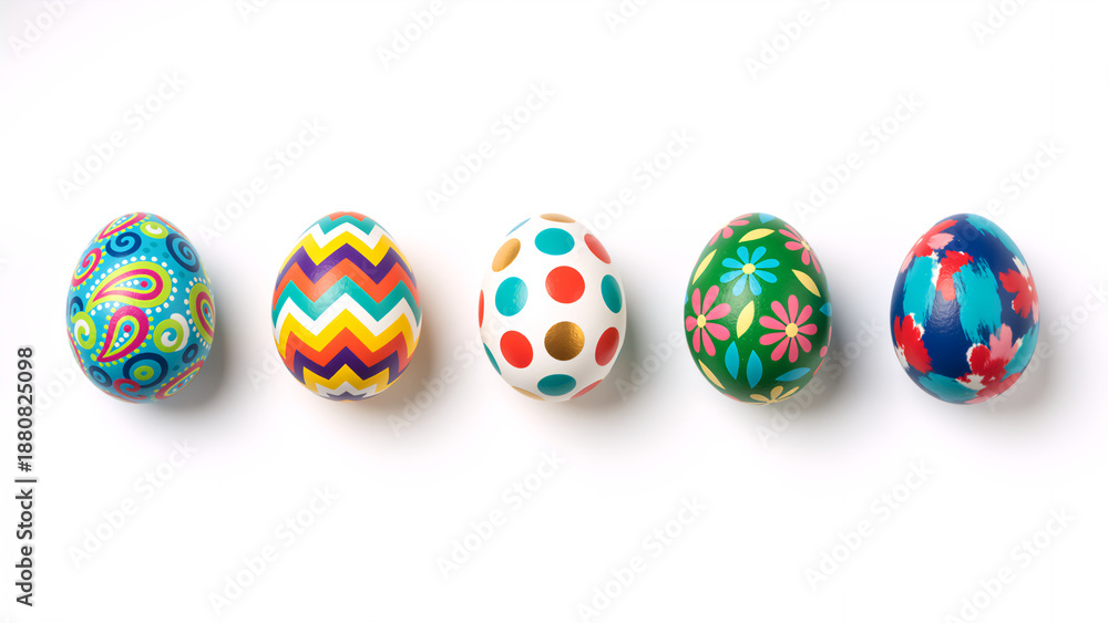 Fototapeta premium Row of five colorful Easter eggs with various painted patterns isolated on white background. Traditional spring holiday decoration set. Copy space for text