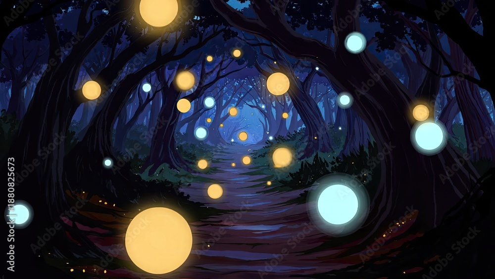 Obraz premium A dreamy glowing forest tunnel with floating lights forming a magical atmospheric pathway. Generative AI.