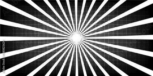 Halftone gradient sun rays pattern. Abstract halftone color dots background. Red pop art, comic small dots. star rays halftone poster. shine, explosion. sunrise rays background.