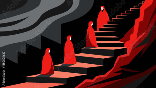 Ascending monks on stairway