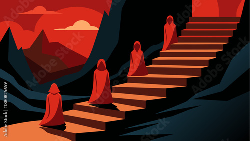 Ascending monks on stairway