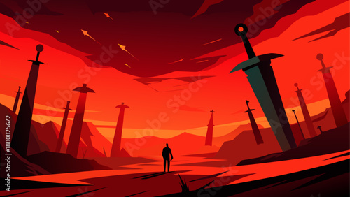 Swords rising over desert landscape