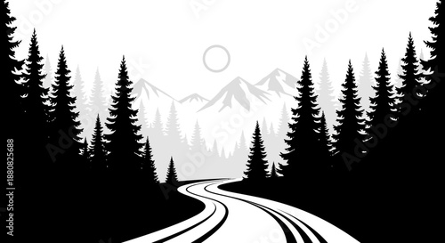 Road through forest with trees.