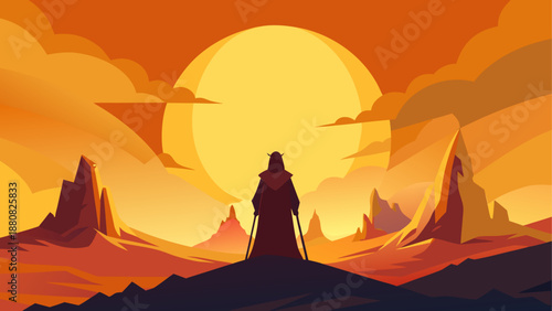 Traveler at sunset in mountainous landscape