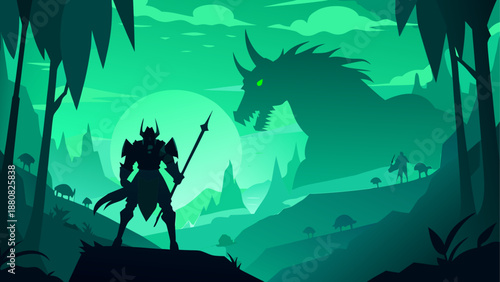 Warrior facing dragon in mystic forest