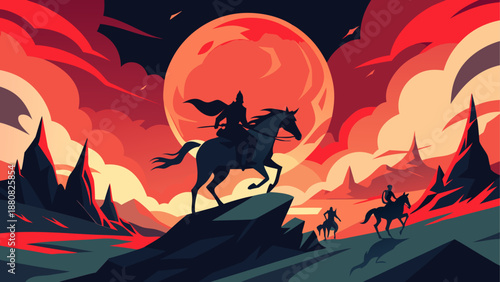 Grim reaper riding through desolate landscape