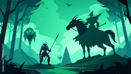 Warrior confronts dark rider in enchanted forest