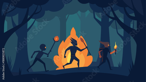 Adventurers gathered around a campfire in the forest