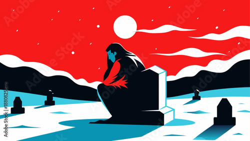 Figure in red jacket at graveyard