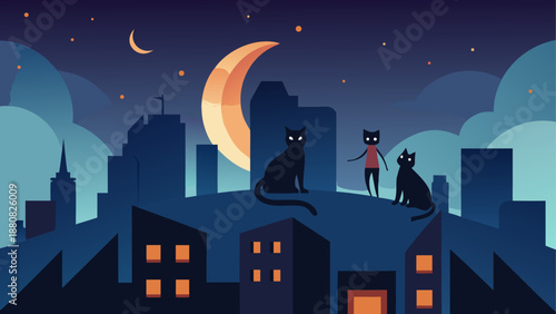 Nighttime cityscape with cats