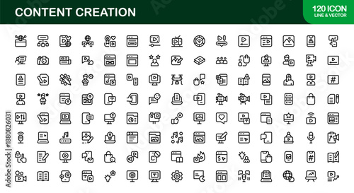 Professional Line Icon Set – Modern Content Creation Symbols in Minimal Outline Style, Creative Vector Icons for Digital Projects