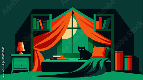 Cozy bedroom with black cat