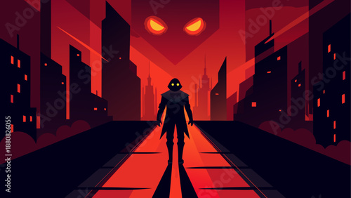 Lone figure in eerie cityscape