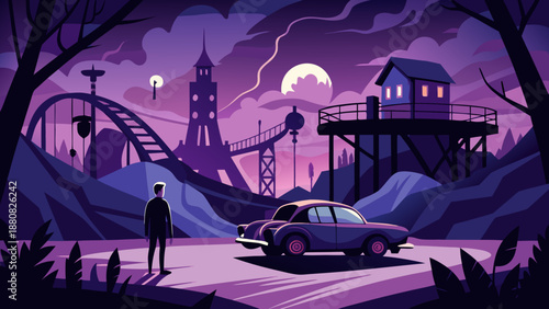 Nighttime scene with roller coaster and house