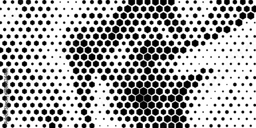 Hexagon halftone gradient texture. Abstract black grunge background. Geometric retro halftone tech wallpaper. Fading wavy hexagonal pattern backdrop. Vector vanishing honeycomb grunge bitmap overlay