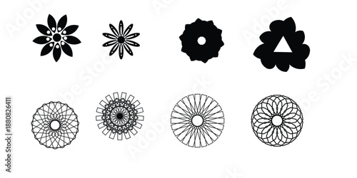 Six intricate black and white fractal designs arranged in two rows