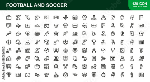 Football and Soccer Professional Line Icon Set, Modern Minimalist Vector Collection Featuring Unique Sports Elements, Equipment, and Game Symbols