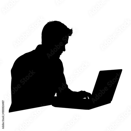 Man Using Laptop Computer Silhouette Profile.