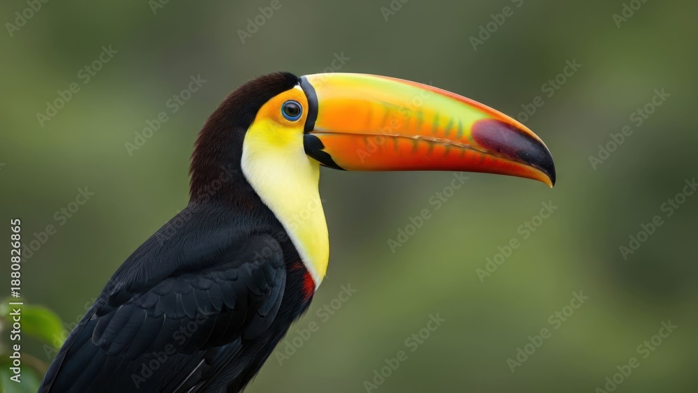 Fototapeta premium Exotic bird, large colorful beak, eye detail, blurry green background