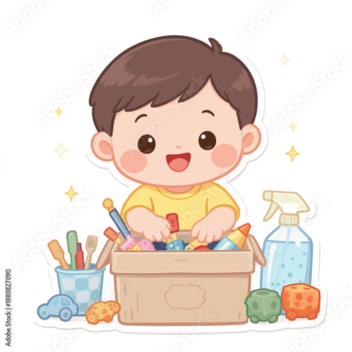 Cheerful cartoon boy with a bright smile, happily playing amidst a colorful collection of toys and household items, embodying a delightful and imaginative childhood experience