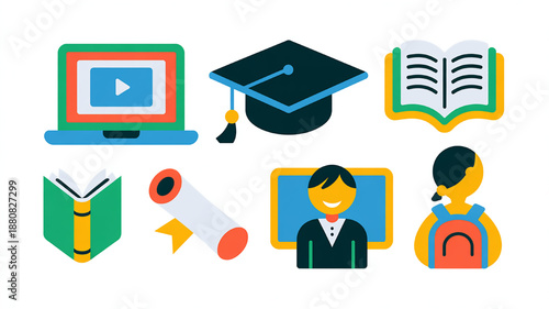 Collection of education and learning icons including laptop graduation cap books diploma and students flat vector design for online courses and academic concepts