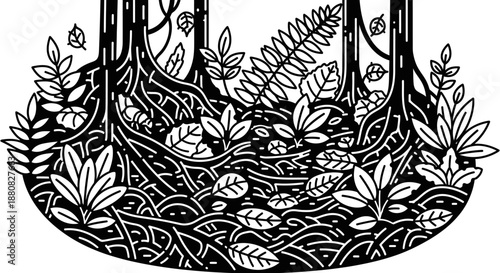 Black and white forest foliage illustration.